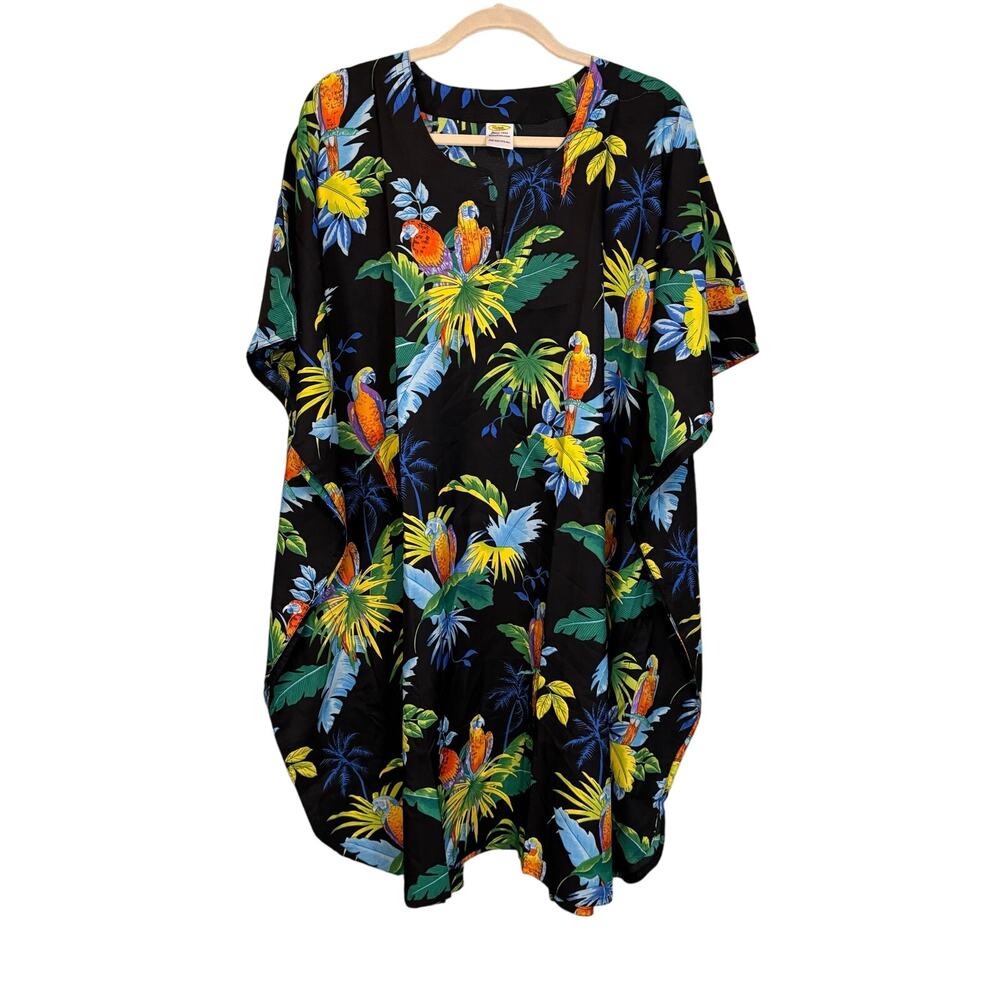 Rima Kaftan Swim Cover Up Dress Hawaiian Bird Palm Leaf Tropical Beach Bohemian